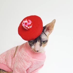 Pom beret hat for cats small dogs and pets in red white and pink image 2