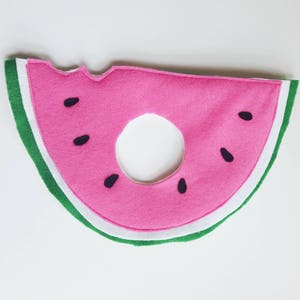 Watermelon pet hat costume in soft pink felt with green white and black accents for small pets dogs bunnies and cats image 2