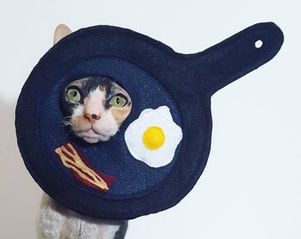 Breakfast Pan Egg and Bacon Cat Costume Hat in lightweight felt for cats small pets and small dogs