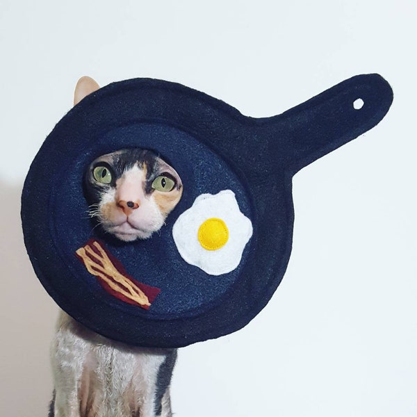 Breakfast Pan Egg and Bacon Cat Costume Hat in lightweight felt for cats small pets and small dogs