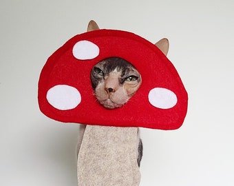 Mushroom costume hat for cats small dogs and small pets in lightweight soft felt red and white spotted shroom