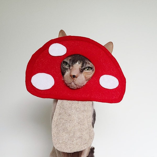 Mushroom costume hat for cats small dogs and small pets in lightweight soft felt red and white spotted shroom