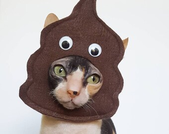 Doodoo poop emoji flat pet costume hat in soft brown felt with sewn on googly eyes