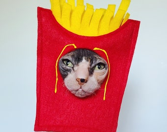 Meow French fries costume in vivid red and yellow for cats small dogs small pets in soft lightweight comfortable felt fries chips