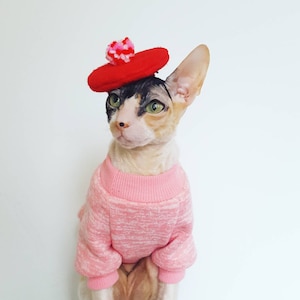 Pom beret hat for cats small dogs and pets in red white and pink image 1