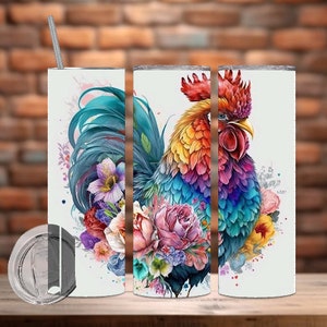 20oz Watercolor Rooster Tumbler w/Straws/Straw Cleaner, Gift Box and FREE
