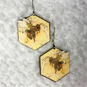 Ruche, boucles d&#39;oreilles abeille, boucle d&#39;oreille nature, art portable