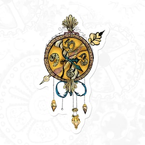 May include: A gold clock face with Roman numerals and a blue hand, surrounded by intricate details. The clock is suspended from a chain with decorative elements.