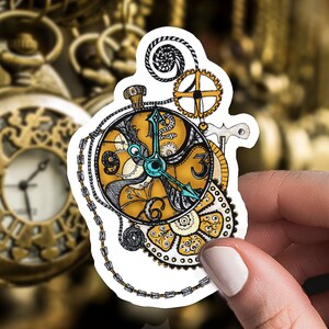 May include: A sticker of a detailed, intricate clock face with gold and black gears, a blue hand, and a white background. The clock face is surrounded by a chain.