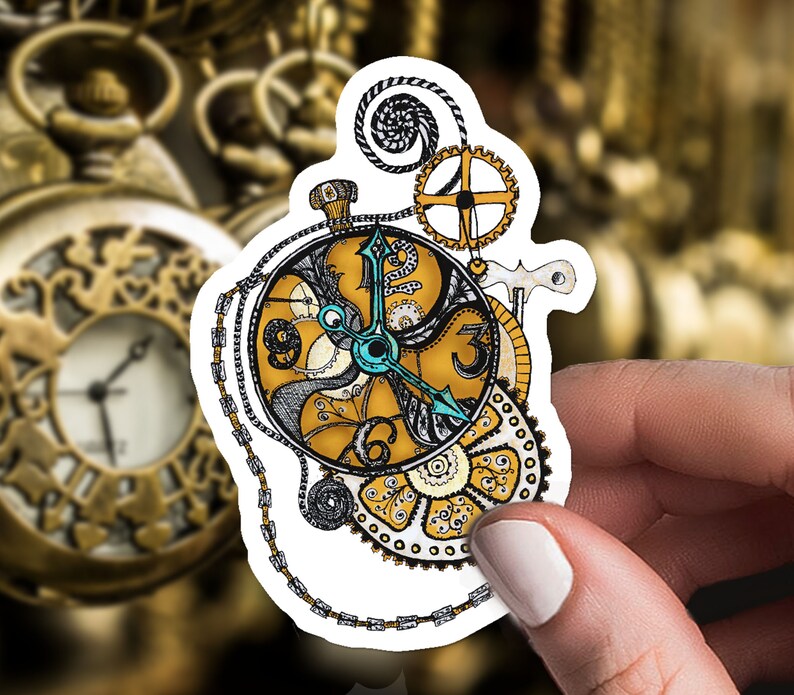May include: A sticker of a detailed, intricate clock face with gold and black gears, a blue hand, and a white background. The clock face is surrounded by a chain.