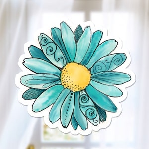 Teal Daisy Sticker, Vinyl Watercolor Daisy, Flower Decal