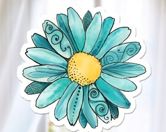 Teal Daisy Sticker, Vinyl Watercolor Daisy, Flower Decal