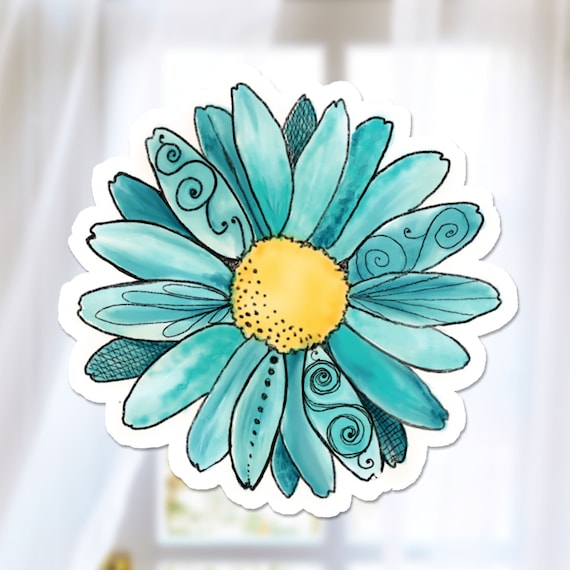 Teal Daisy Sticker, Vinyl Watercolor Daisy, Flower Decal