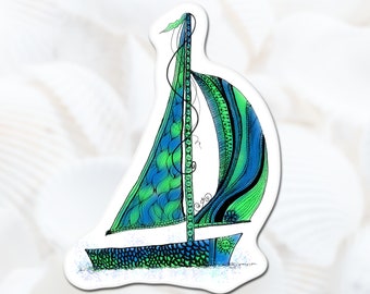 Sailboat Vinyl Sticker, Handmade Sea Life Decal, Beach Decor