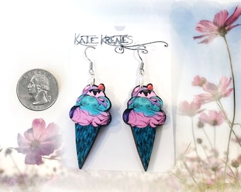 Pink Whimsical Ice Cream Cone Earrings, Wearable Art