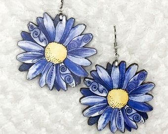 Blue Daisy Flower Earrings, Gift for Her, Original Design