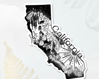 May include: Black and white illustration of the state of California with various landmarks and symbols, including a butterfly, a bear, a mountain range, a sun, and the words "California" and "Hollywood".