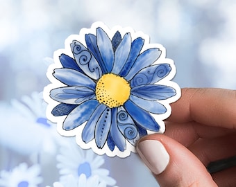 Blue Daisy Sticker, Watercolor OOAK Daisy, Flower Sticker