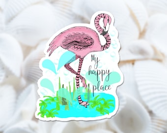 My Happy Place Flamingo Vinyl Sticker, Pink Beach Decal