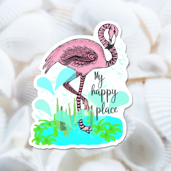 My Happy Place Flamingo Vinyl Sticker, Pink Beach Decal