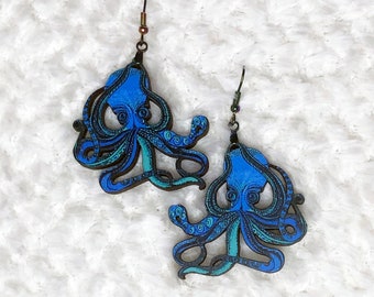 Octopus Earrings, Kraken Decal Original Handmade Design Gift