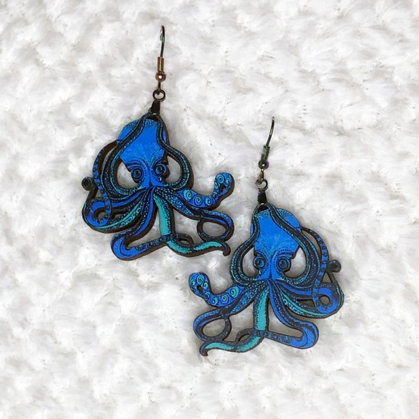 Octopus Earrings, Blue Sea Life Earrings, Unique Gift