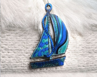 Coastal Holiday Sailboat Pendant, Gift Tag, Hand Made Design