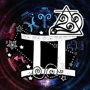 May include: Black and white illustration of the Gemini zodiac sign with a swirling design. The sign is set against a background of a colorful zodiac wheel.