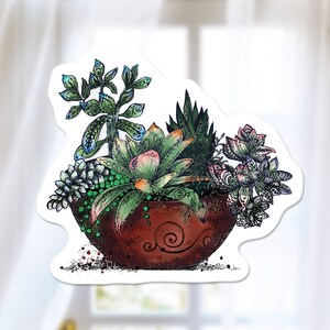 May include: A hand-drawn illustration of a terracotta pot filled with a variety of succulents. The succulents are green, blue, and pink with intricate details. The pot has a brown glaze and a swirl design.