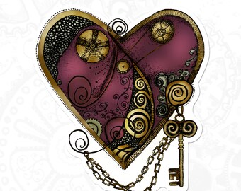 Steampunk Victorian Wine Heart Sticker, Gift for Her