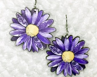 Purple Daisy Flower Earrings, Gift for Her, Original Design