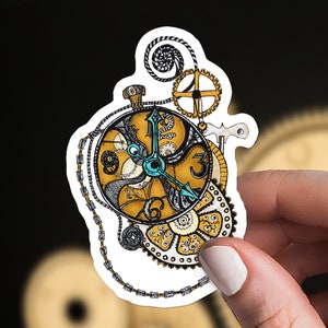 May include: A white sticker with a detailed illustration of a gold and black clock face with gears and a chain. The clock face has Roman numerals and a blue hand.