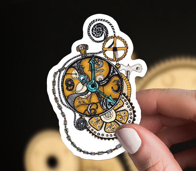 May include: A white sticker with a detailed illustration of a gold and black clock face with gears and a chain. The clock face has Roman numerals and a blue hand.