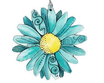 Teal Daisy Ornament, Hand Made Wildflower Pendant