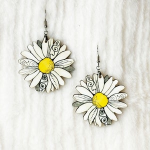 White Daisy Flower Earrings, 2 Sided Original Design Gift