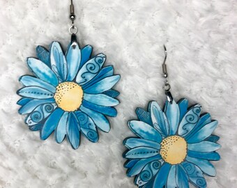 Teal Daisy Flower Earrings, 2 Sided Original Design Gift