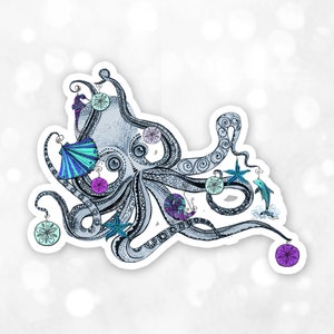 Christmas Octopus Sticker, Holiday Gift Ornament