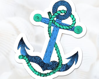 Blue Anchor Sticker, Handmade Nautical Decal, Boating Gift