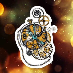 May include: A gold and black clock face with intricate gears and a blue hand. The clock face is surrounded by a chain and gears, and the background is a blurry image of golden lights.