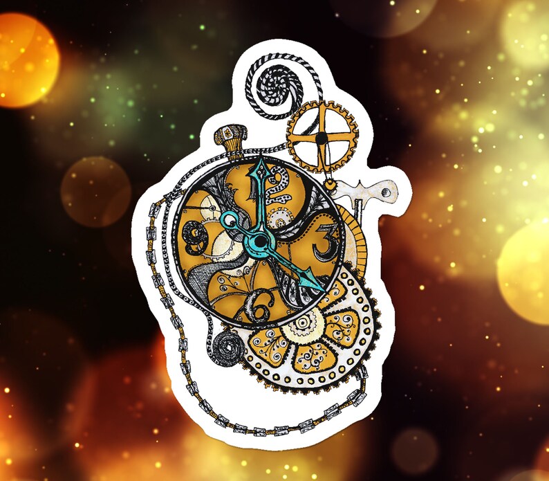 May include: A gold and black clock face with intricate gears and a blue hand. The clock face is surrounded by a chain and gears, and the background is a blurry image of golden lights.