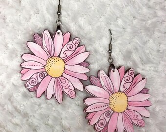 Pink Daisy Flower Earrings, 2 Sided Original Design Gift