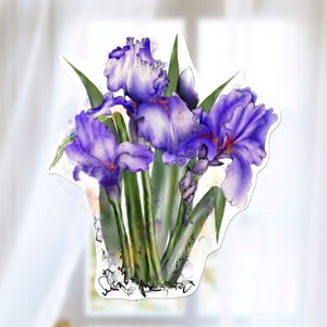 May include: A watercolor painting of purple irises with green stems and leaves. The flowers are in bloom and have a delicate, feminine look.