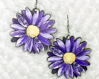 Purple Daisy Flower Earrings, 2 Sided Original Design Gift
