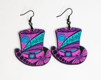 Were All Mad Here Earrings, Alices Wonderland Hatter, 2 Sided Original Design Gift