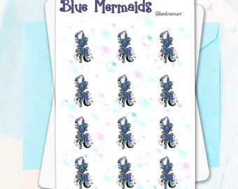 Blue Mermaid Sticker Sheet, Journal Planner & Scrapbook Art