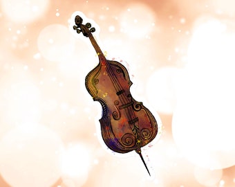 May include: A watercolour illustration of a brown double bass with intricate details and colourful splashes of paint on a light orange background.