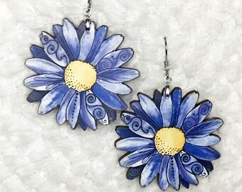 Blue Daisy Flower Earrings, 2 Sided Original Design Gift