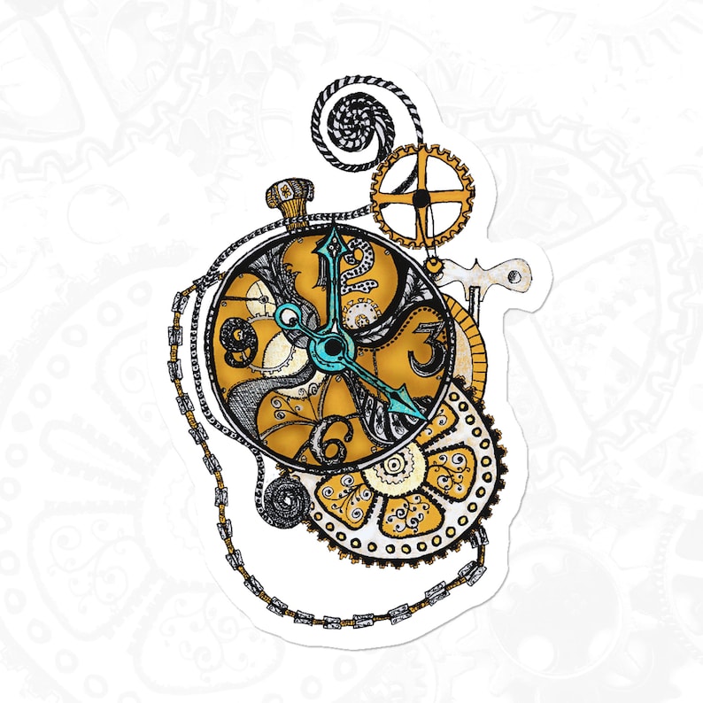 May include: A detailed illustration of a steampunk clock face with intricate gears and a chain. The clock face is yellow with black and white details. The hands of the clock are blue and black.