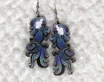 Blue Mermaid Earrings, Gift for Her, Handmade Wearable Art
