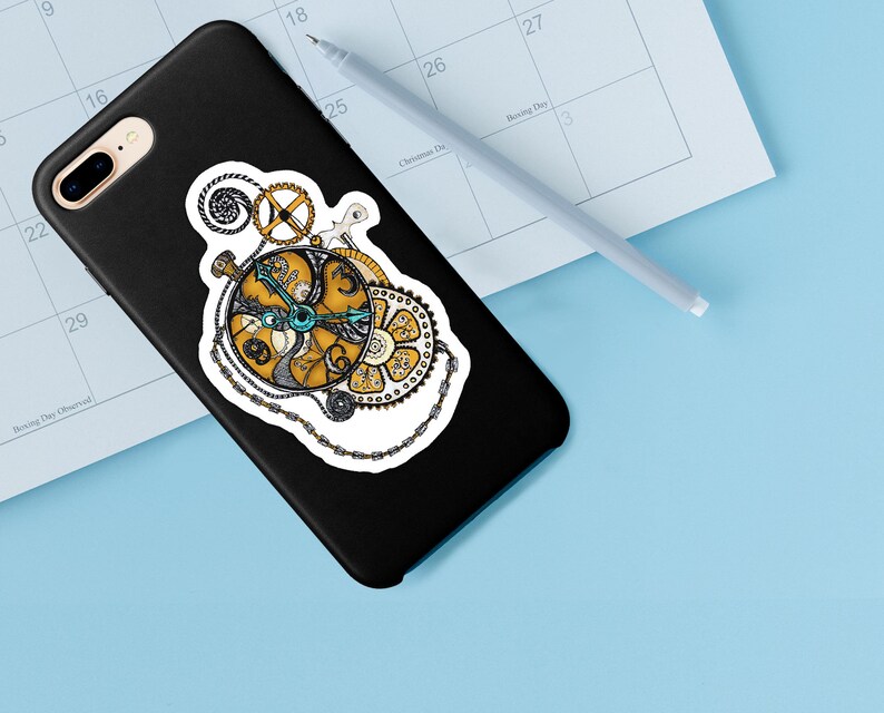 May include: A black phone case with a sticker of a gold and blue clockwork design. The sticker features intricate details and a chain.